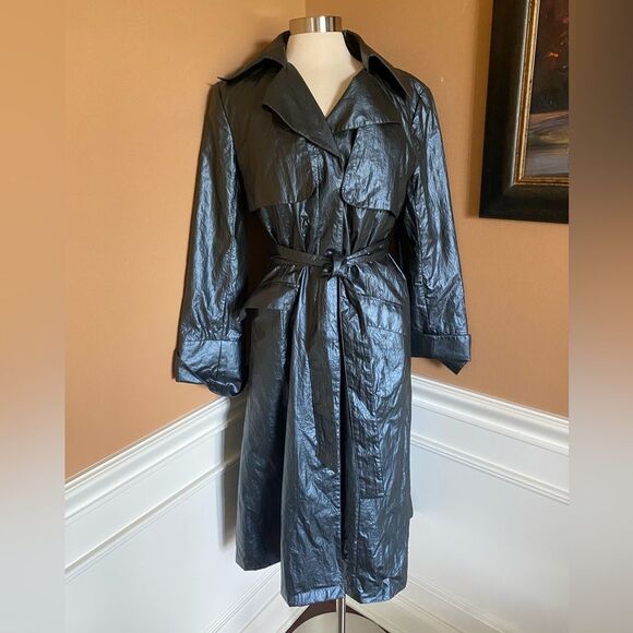 Lafayette 148 Classic Trench Metallic Coat Front Tie Blue-Gray 8 - Picture 2 of 8